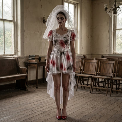 Ghost bride Halloween costume dress with headdress