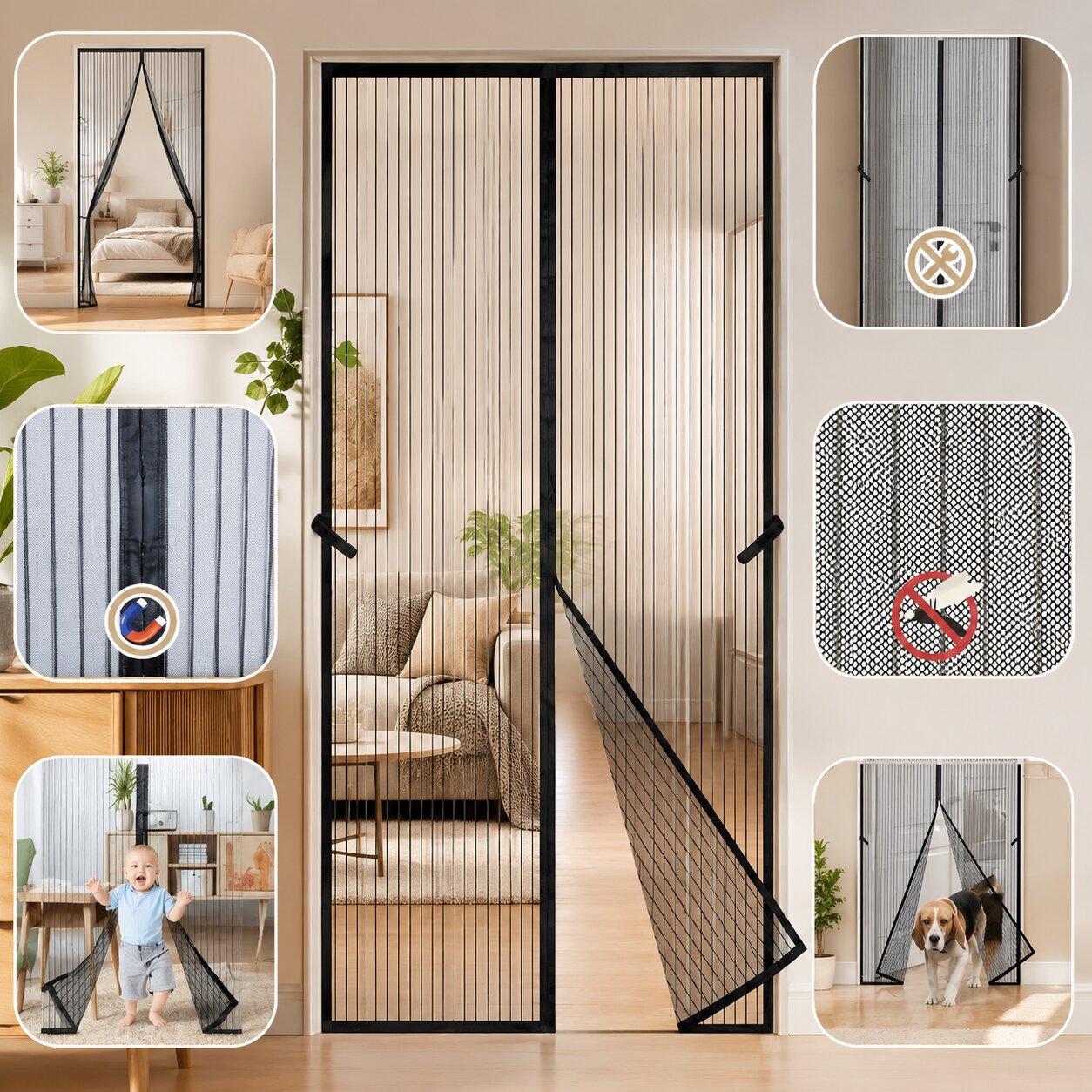 Elsie Hands-Free Magnetic Fly Screen Door - Self-Closing Mesh Curtain