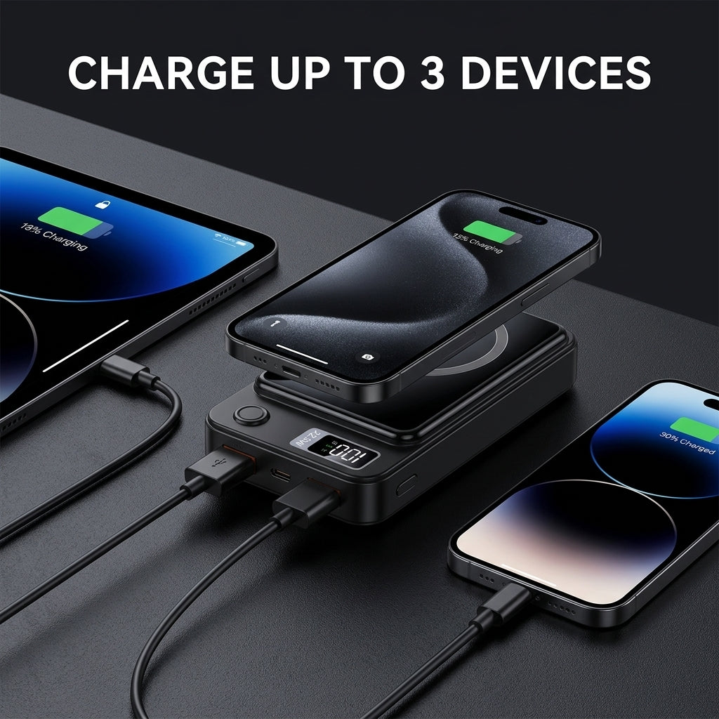 Portable 10000mAh power bank with 22.5W charging and LED display - Slim wireless design