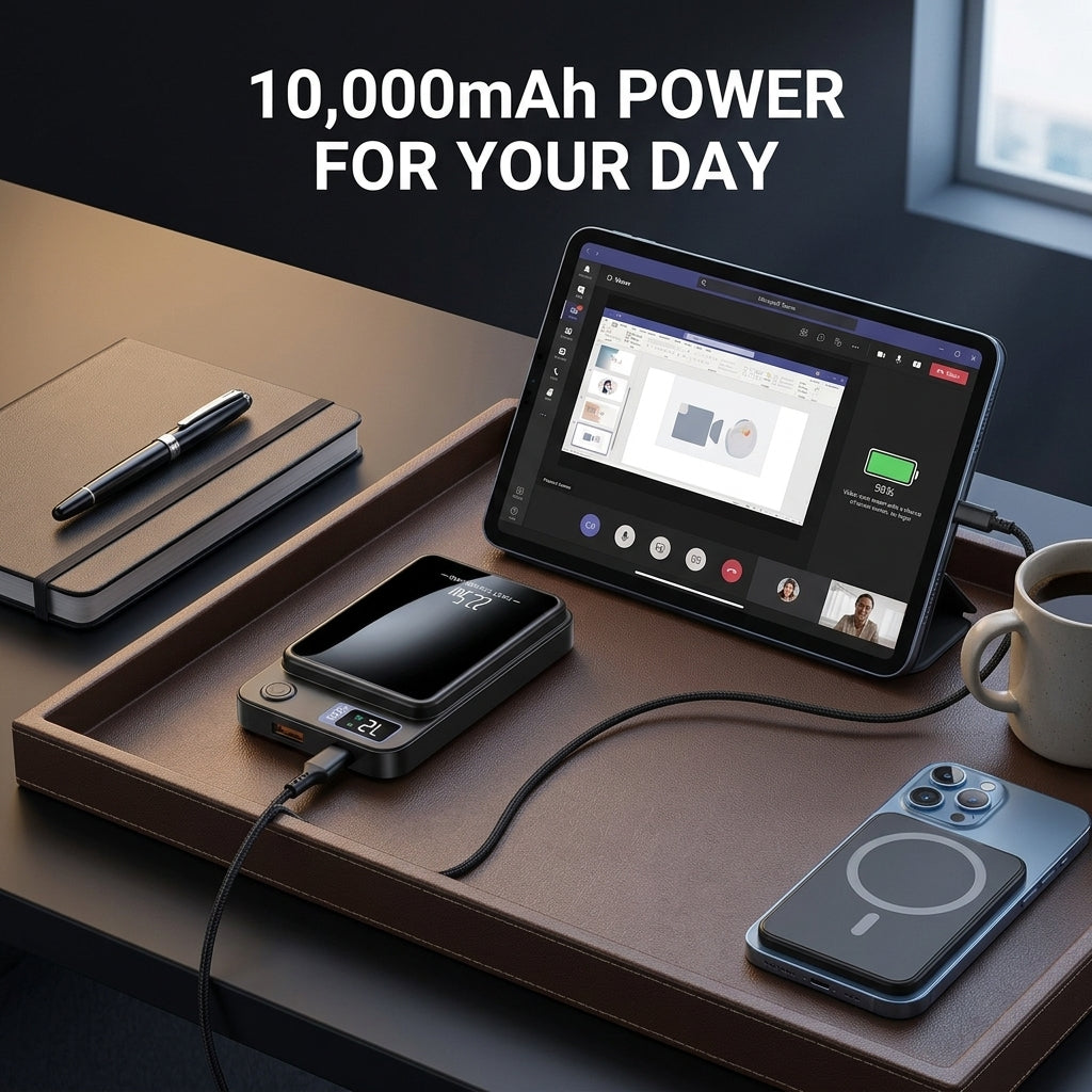 Portable 10000mAh power bank with 22.5W charging and LED display - Slim wireless design
