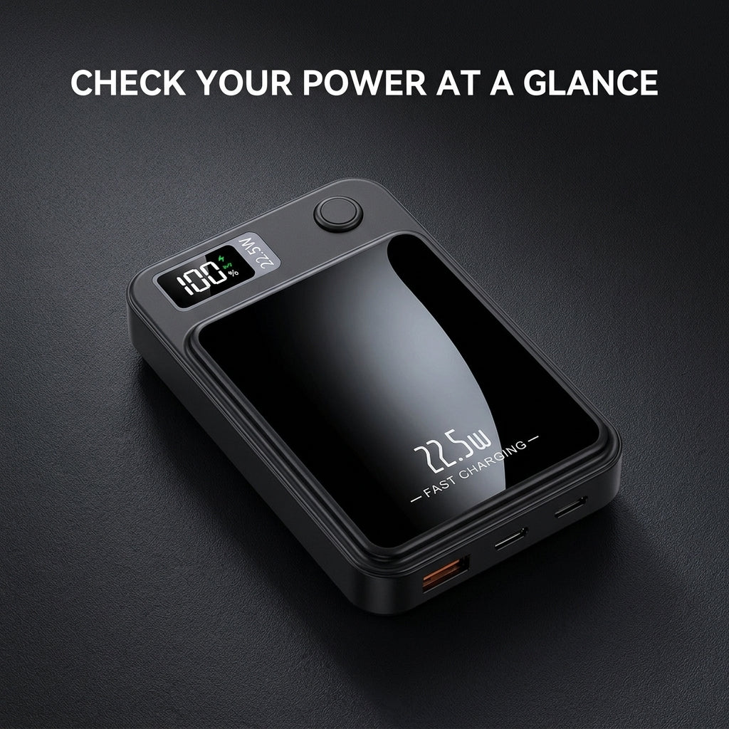 Portable 10000mAh power bank with 22.5W charging and LED display - Slim wireless design