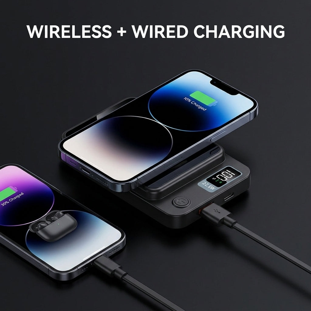 Portable 10000mAh power bank with 22.5W charging and LED display - Slim wireless design