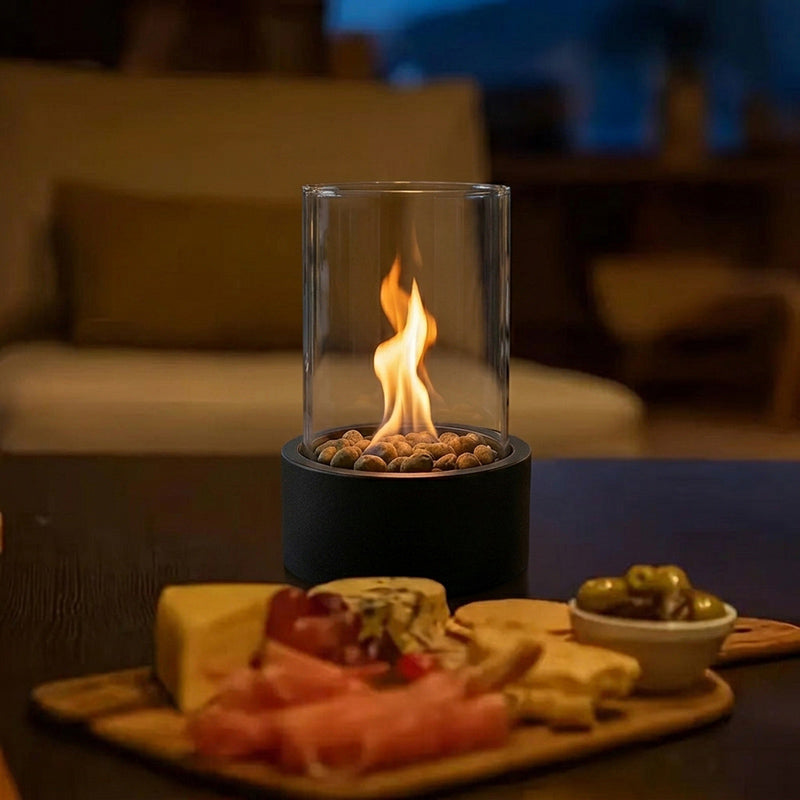 Portable tabletop bioethanol fireplace with glass and metal design - Indoor fire feature