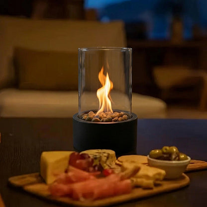Portable tabletop bioethanol fireplace with glass and metal design - Indoor fire feature
