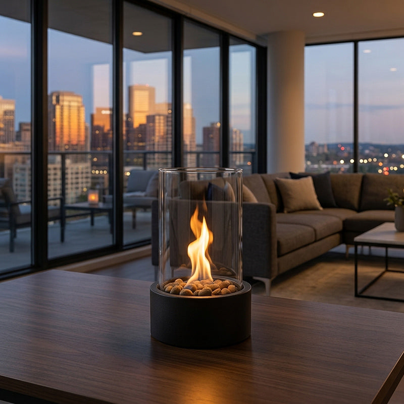 Portable tabletop bioethanol fireplace with glass and metal design - Indoor fire feature