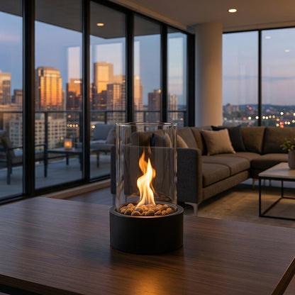 Portable tabletop bioethanol fireplace with glass and metal design - Indoor fire feature
