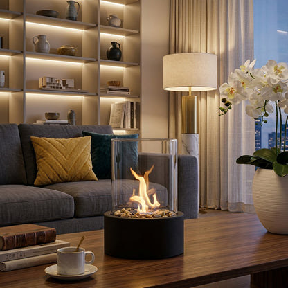 Portable tabletop bioethanol fireplace with glass and metal design - Indoor fire feature