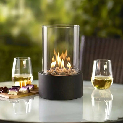 Portable tabletop bioethanol fireplace with glass and metal design - Indoor fire feature