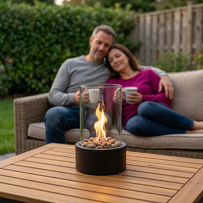 Portable tabletop bioethanol fireplace with glass and metal design - Indoor fire feature