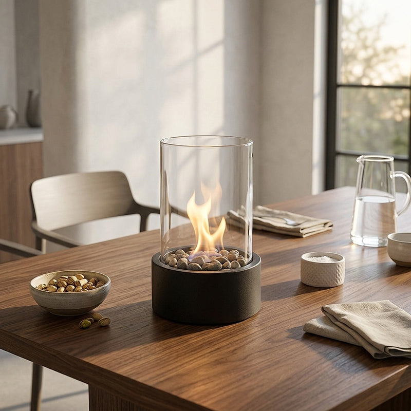 Portable tabletop bioethanol fireplace with glass and metal design - Indoor fire feature