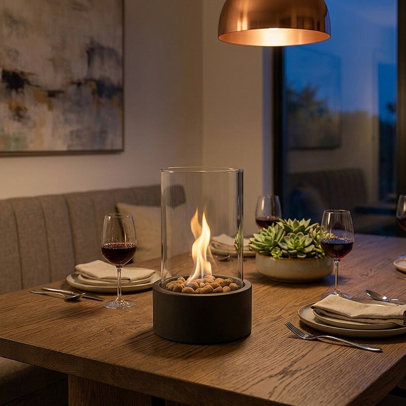 Portable tabletop bioethanol fireplace with glass and metal design - Indoor fire feature