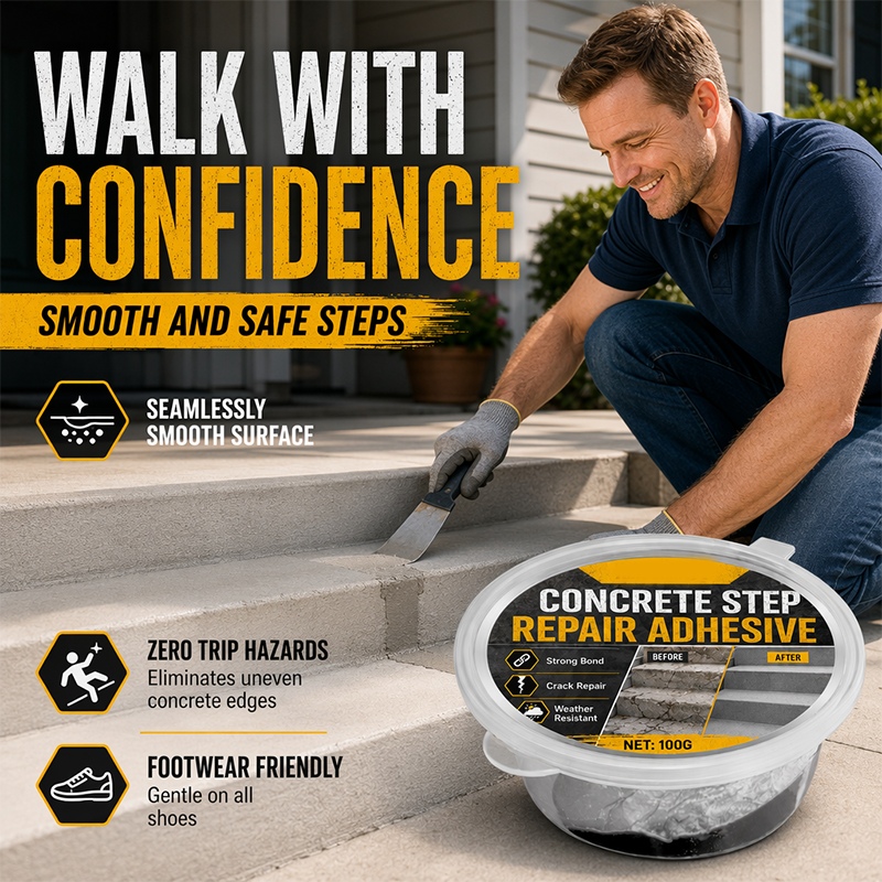 Concrete Step Repair Adhesive – Permanently bonds cracked stairs & walkways. Weatherproof – resists heat, ice & rain. Walk safely again