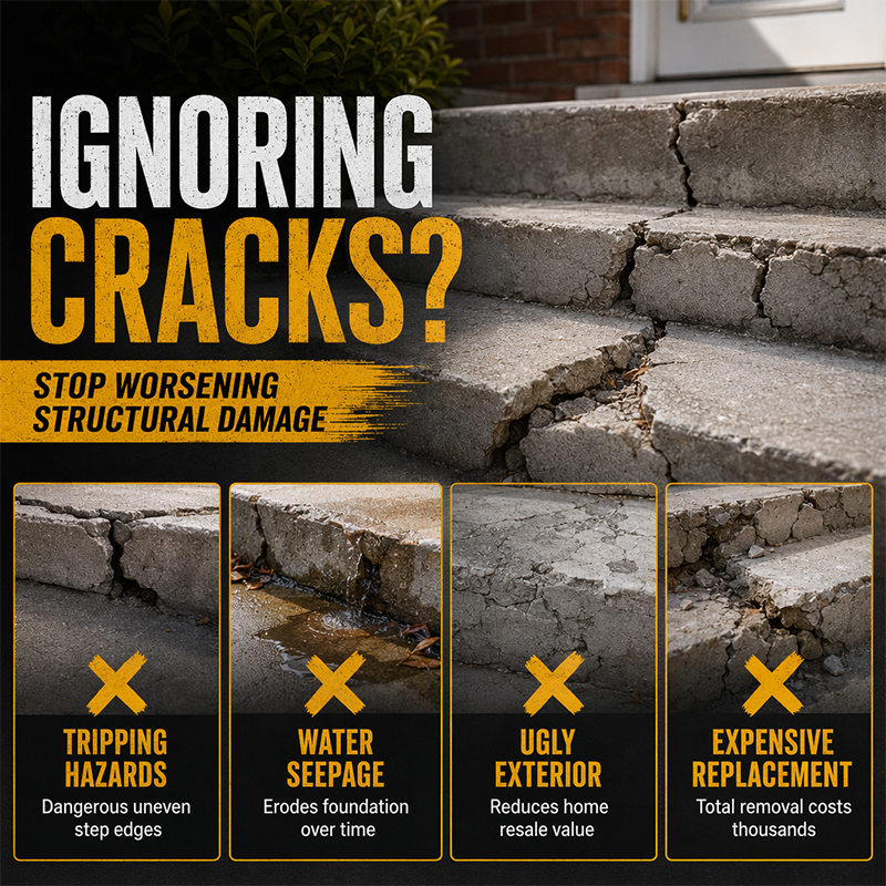 Concrete Step Repair Adhesive – Permanently bonds cracked stairs & walkways. Weatherproof – resists heat, ice & rain. Walk safely again