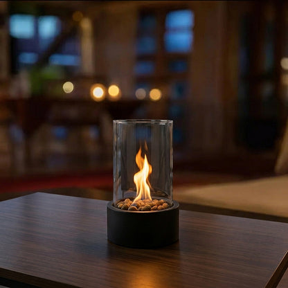 Portable tabletop bioethanol fireplace with glass and metal design - Indoor fire feature