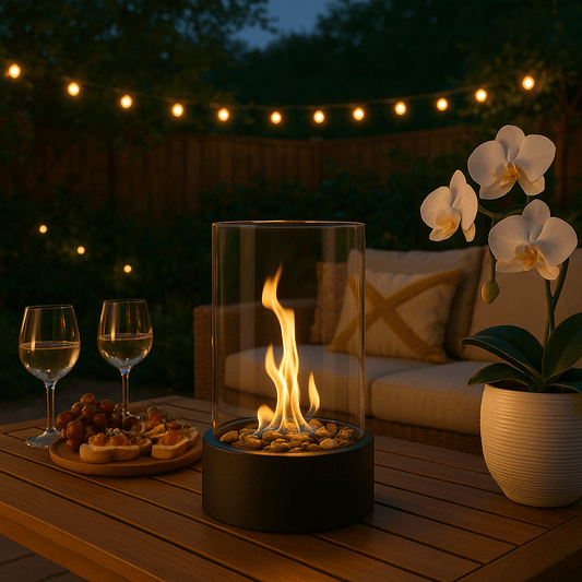 Portable tabletop bioethanol fireplace with glass and metal design - Indoor fire feature